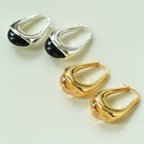 Polished Drop U-Shaped Gold Hoop Earrings with Clear Crystal