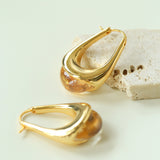 Polished Drop U-Shaped Gold Hoop Earrings with Clear Crystal
