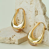 Polished Drop U-Shaped Gold Hoop Earrings with Clear Crystal