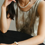 Smooth Mother of Pearls and Silver Shell Beaded OT Necklace