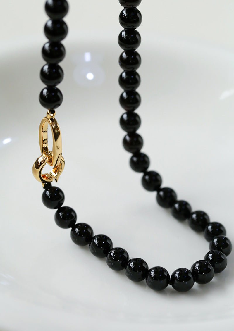 8mm Black Onyx Beaded Long Necklace - floysun