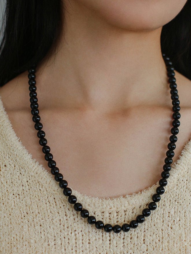 8mm Black Onyx Beaded Long Necklace - floysun