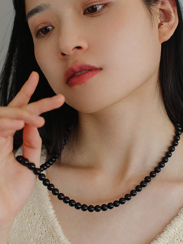 8mm Black Onyx Beaded Long Necklace - floysun