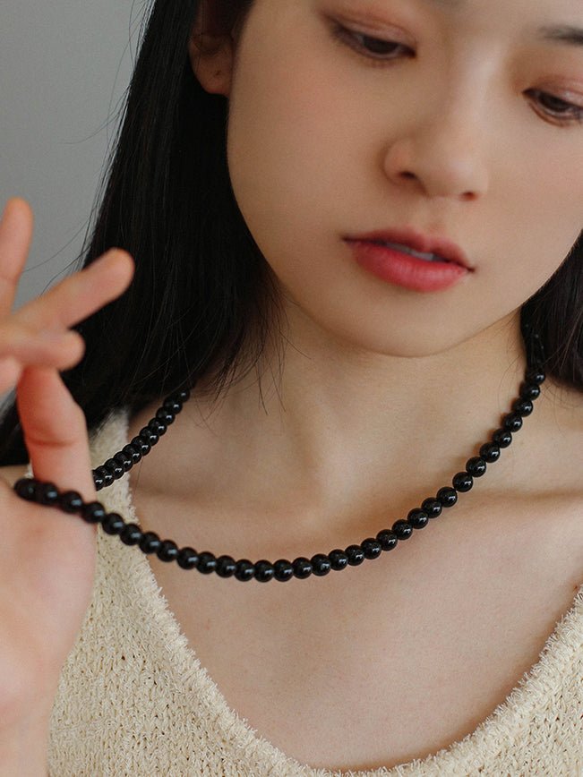 8mm Black Onyx Beaded Long Necklace - floysun