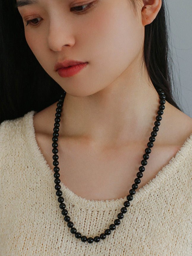 8mm Black Onyx Beaded Long Necklace - floysun