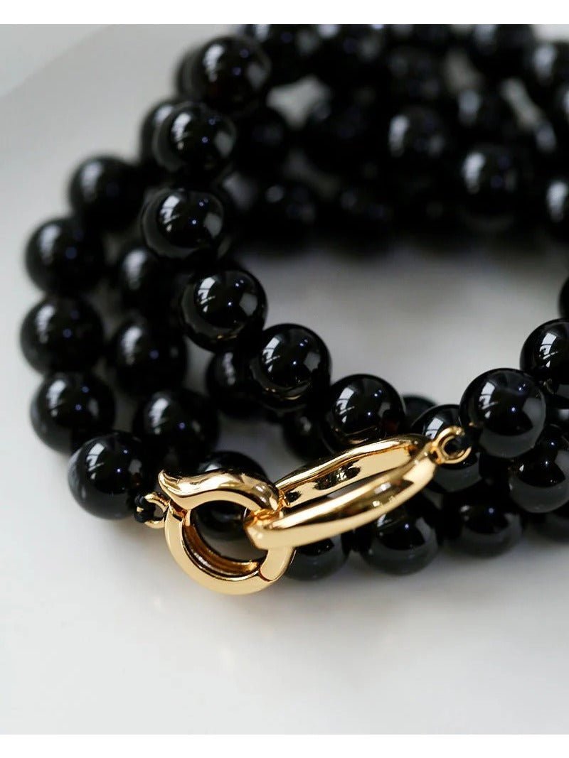 8mm Black Onyx Beaded Long Necklace - floysun