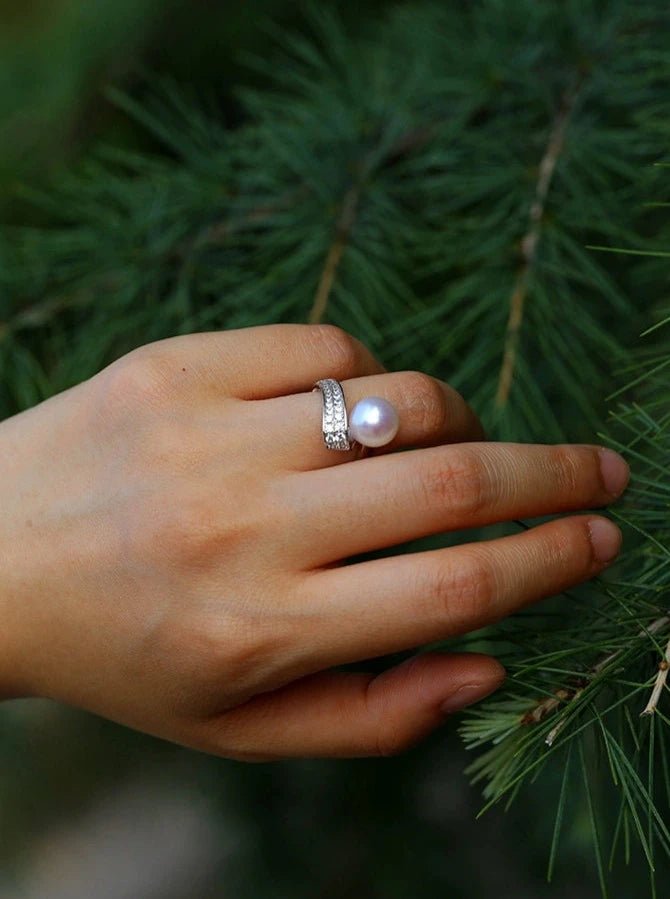 925 Silver Micro - Pave Zircon Natural Pearl Open Ring - floysun
