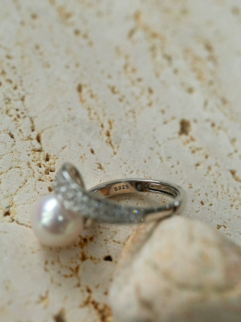 925 Silver Micro - Pave Zircon Natural Pearl Open Ring - floysun