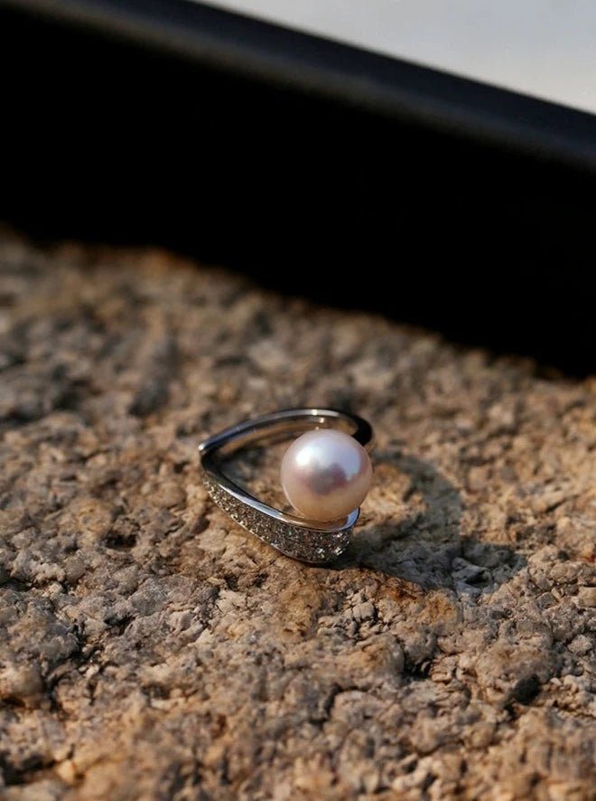 925 Silver Micro - Pave Zircon Natural Pearl Open Ring - floysun