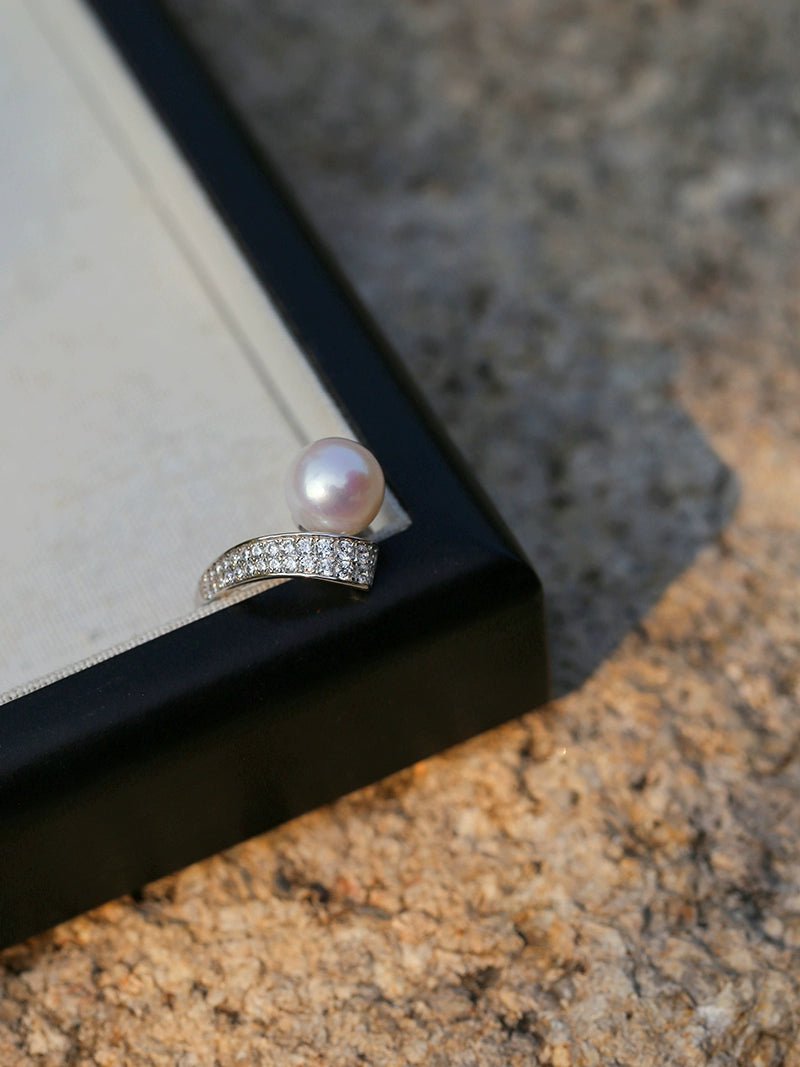 925 Silver Micro - Pave Zircon Natural Pearl Open Ring - floysun