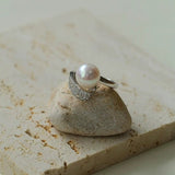 925 Silver Micro - Pave Zircon Natural Pearl Open Ring - floysun