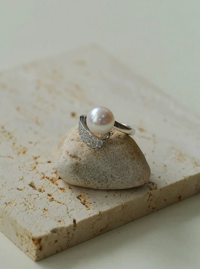 925 Silver Micro - Pave Zircon Natural Pearl Open Ring - floysun
