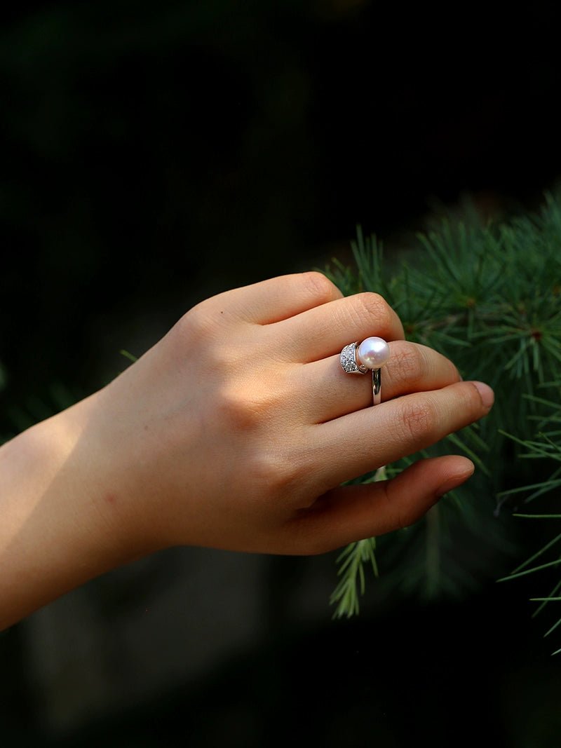 925 Silver Micro - Pave Zircon Natural Pearl Open Ring - floysun