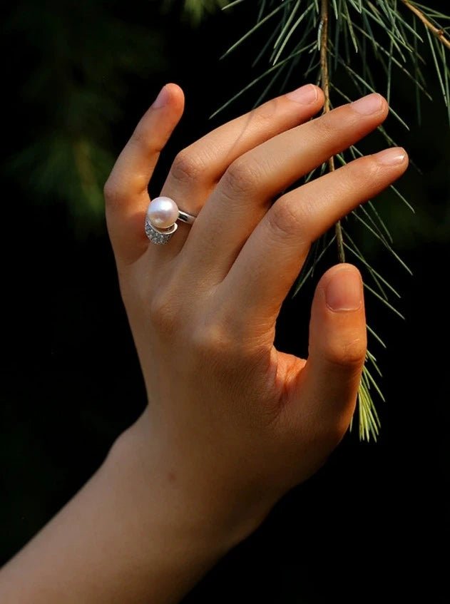 925 Silver Micro - Pave Zircon Natural Pearl Open Ring - floysun