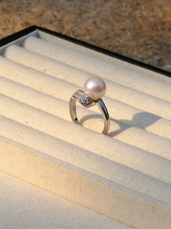 925 Silver Micro - Pave Zircon Natural Pearl Open Ring - floysun