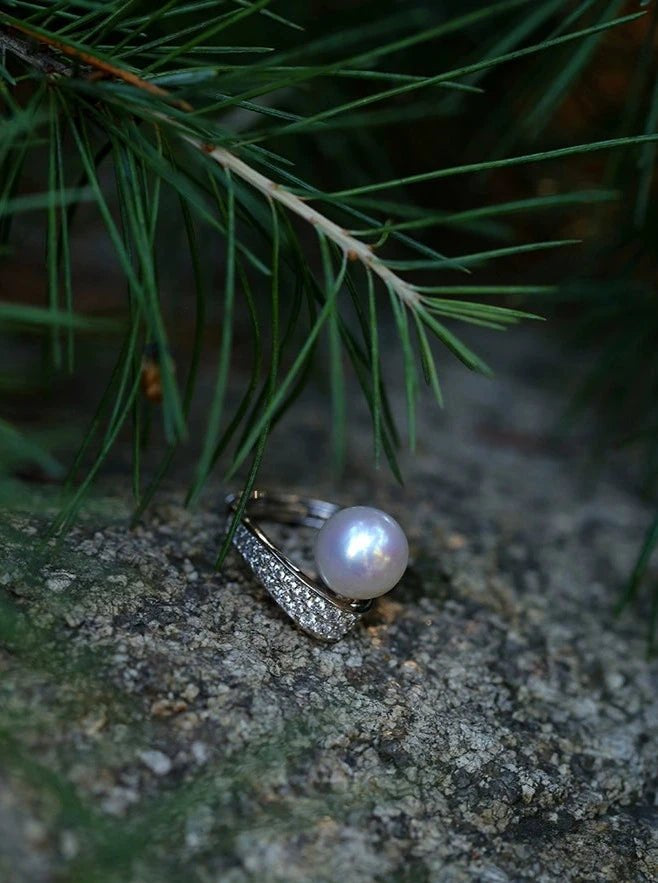 925 Silver Micro - Pave Zircon Natural Pearl Open Ring - floysun