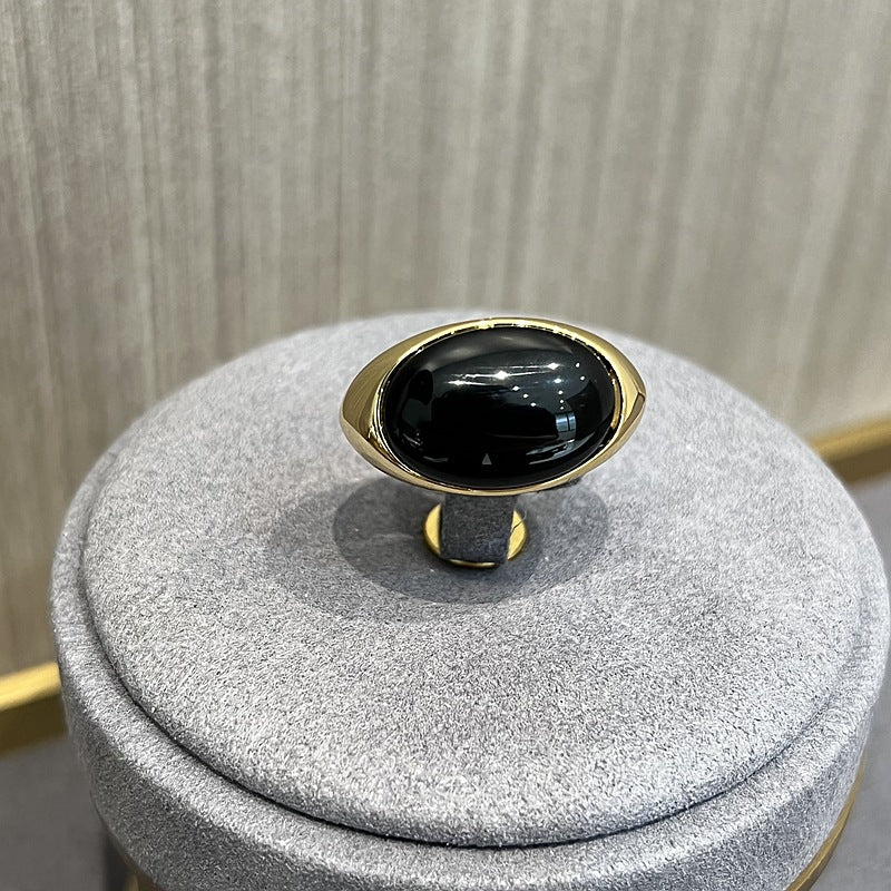 925 Sterling Silver Black Agate Oval Ring - floysun