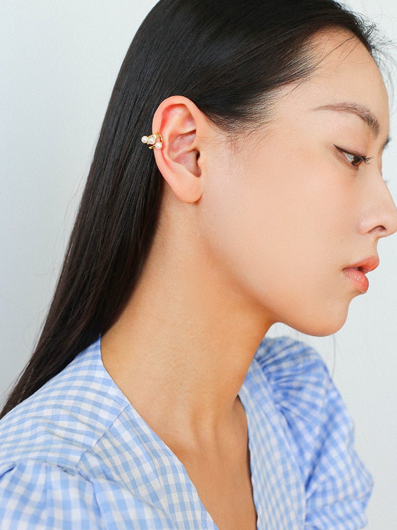 925 Sterling Silver Curved Line Pearl Ear Cuff Minimalist Elegant Design - floysun