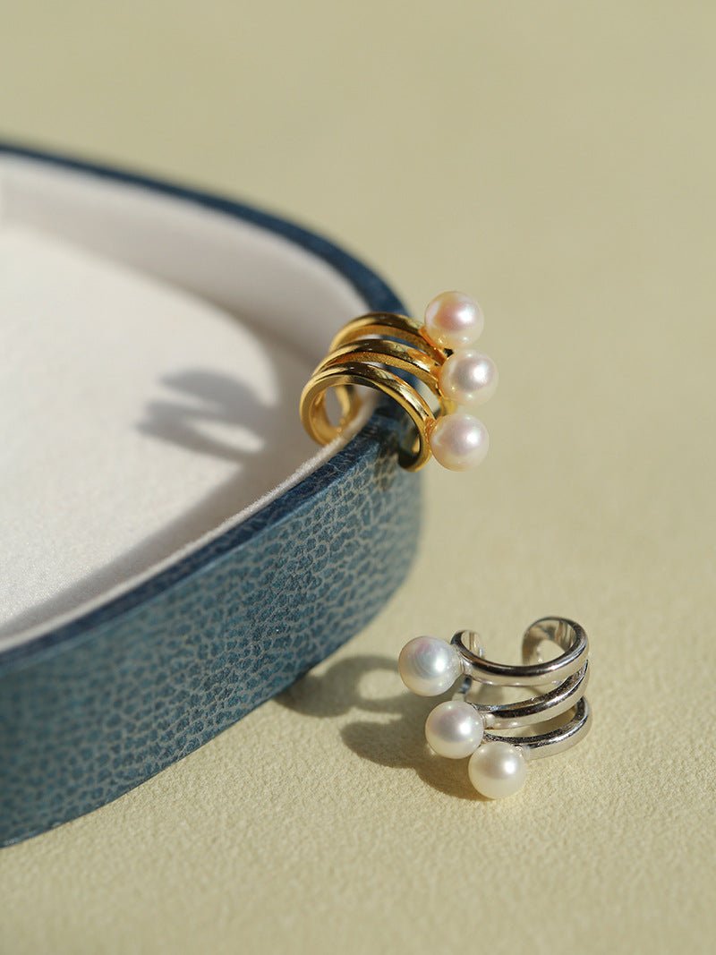 925 Sterling Silver Curved Line Pearl Ear Cuff Minimalist Elegant Design - floysun