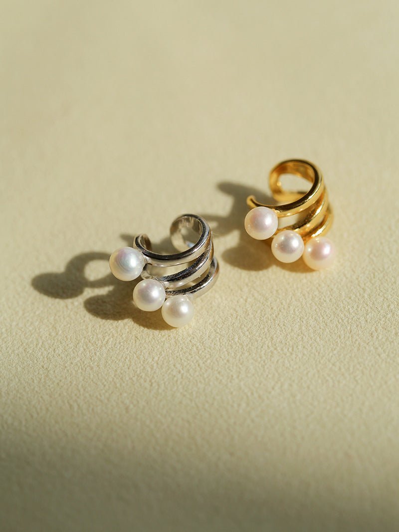 925 Sterling Silver Curved Line Pearl Ear Cuff Minimalist Elegant Design - floysun