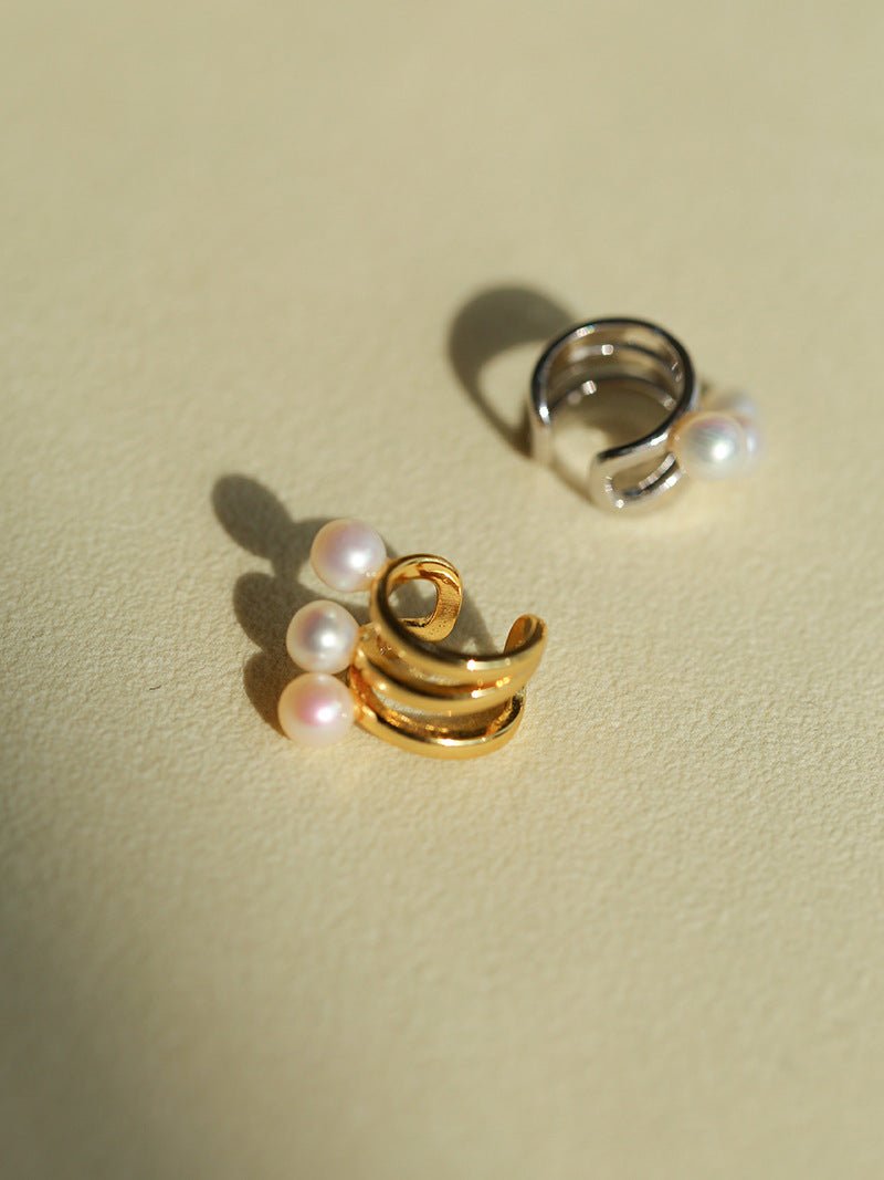 925 Sterling Silver Curved Line Pearl Ear Cuff Minimalist Elegant Design - floysun