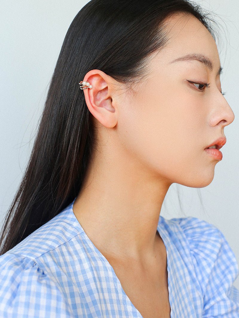 925 Sterling Silver Curved Line Pearl Ear Cuff Minimalist Elegant Design - floysun