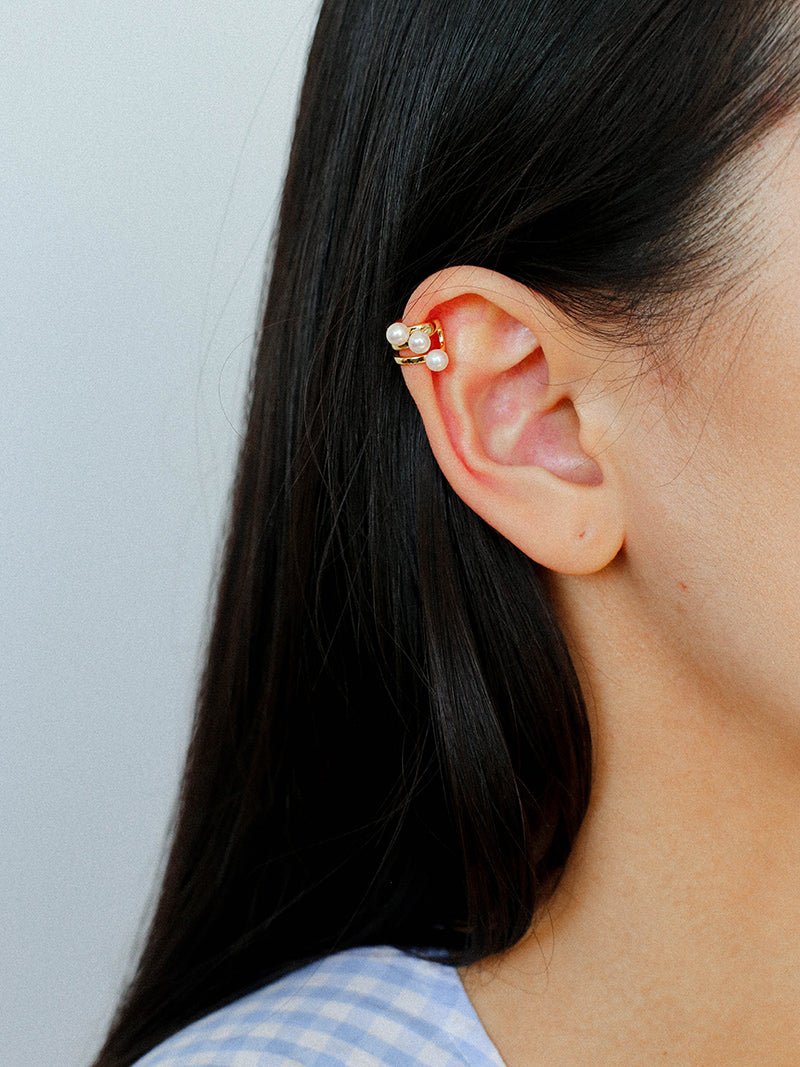 925 Sterling Silver Curved Line Pearl Ear Cuff Minimalist Elegant Design - floysun
