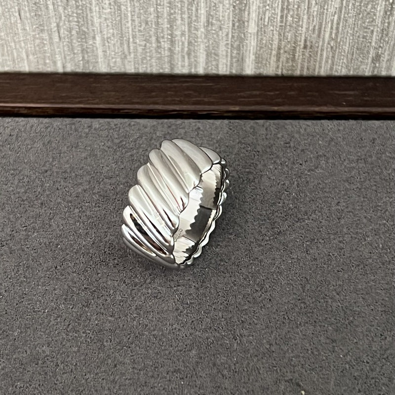 925 Sterling Silver Striped Wide Band Ring Minimalist Statement Jewelry - floysun