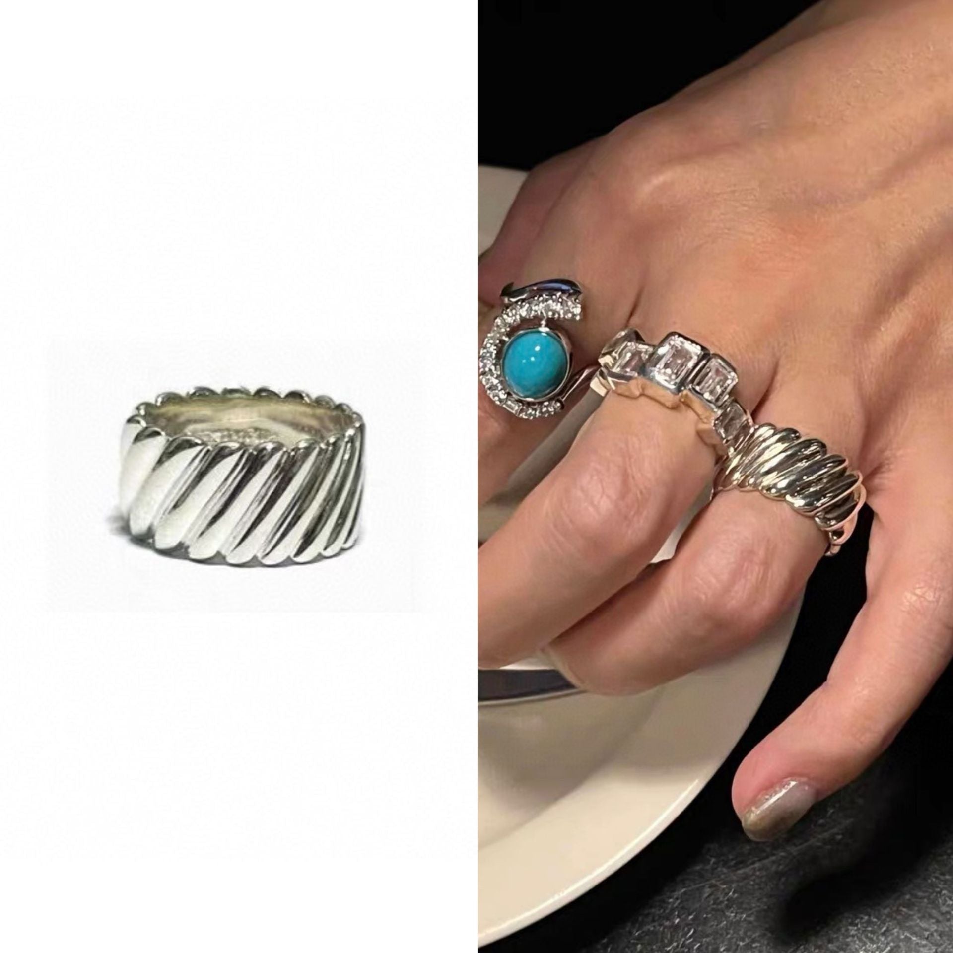 925 Sterling Silver Striped Wide Band Ring Minimalist Statement Jewelry - floysun