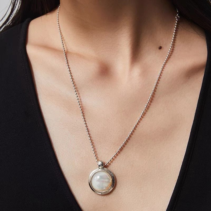 925 Sterling Silver White Mother of Pearl Moon Pendant Necklace - floysun