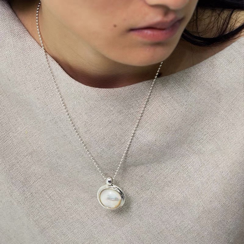 925 Sterling Silver White Mother of Pearl Moon Pendant Necklace - floysun