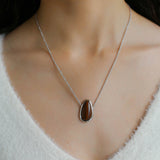 Minimalist 925 Silver Teardrop Pendant Necklace - Wood Grain Stone