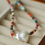 Rainbow Stone Beaded Necklace with Baroque Pearl