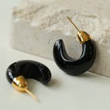 Sterling Silver Moon Shape Huggie Earrings - Tiger Eye Stone / Black Onyx