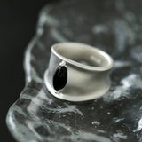 Matte Sterling Silver Series Black Hole Ring Black Agate/Gray Chalcedony