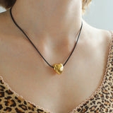 Heart-shaped Black Leather Drawstring Pendant Necklace