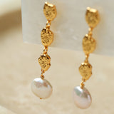 Gold Lava Coin Baroque Pearls Drop Earrings in Long