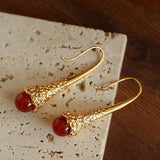 Gilded Bud Red Agate Drop Hook Earrings