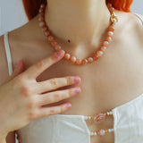 Smooth Round Sunstone Beaded Choker Necklace