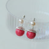 Rose Chalcedony Gemstone Drop Pearl Earrings