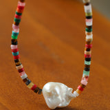 Rainbow Stone Beaded Necklace with Baroque Pearl