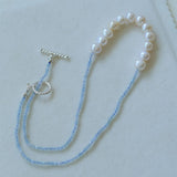 Aquamarine Smile Flat Round Pearl Beaded OT Necklace