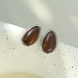 Minimalist 925 Silver Teardrop Stud Earrings - Wood Grain Stone