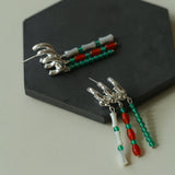 New Chinese Style Bamboo Aventurine Commuting Three-Layer Earrings