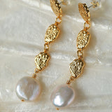 Gold Lava Coin Baroque Pearls Drop Earrings in Long