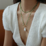 Green Agate Baroque Pearl Pendant Necklace