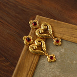 Antique Geometric Heart Red Crystals Dangle Earrings