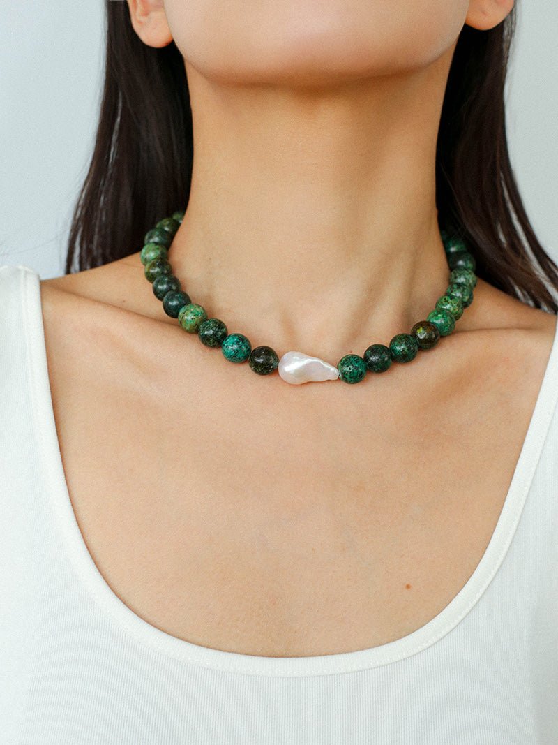 African Turquoise & Natural Baroque Pearl Necklace - floysun