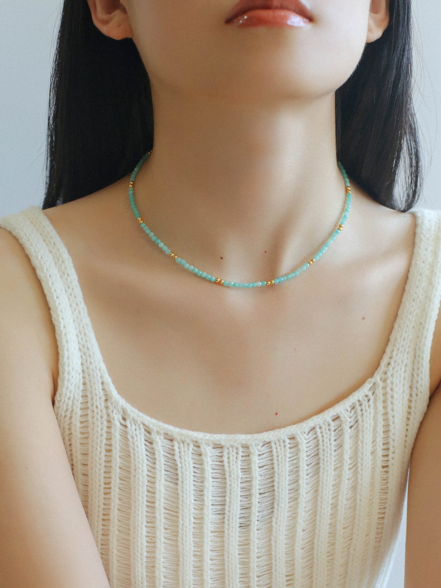 Amazonite and Gold Bean Beaded Necklace - floysun