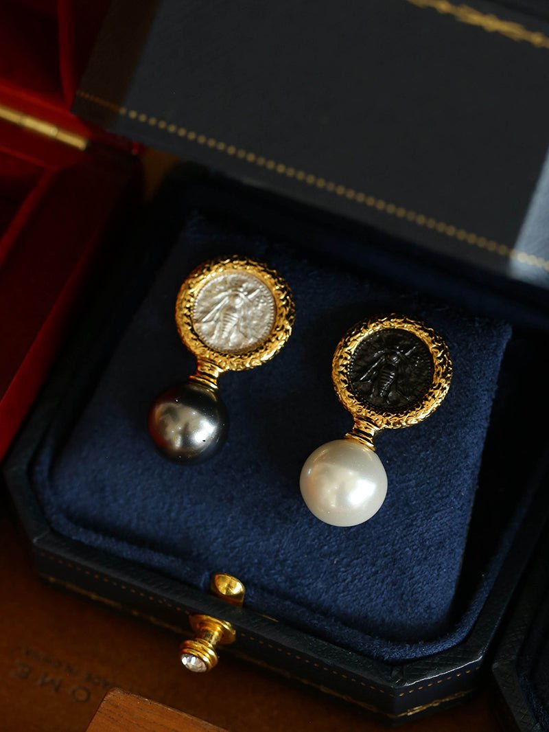 Ancient Greek Retro 925 Silver Coin Pearl Stud Earrings - Type H I - floysun